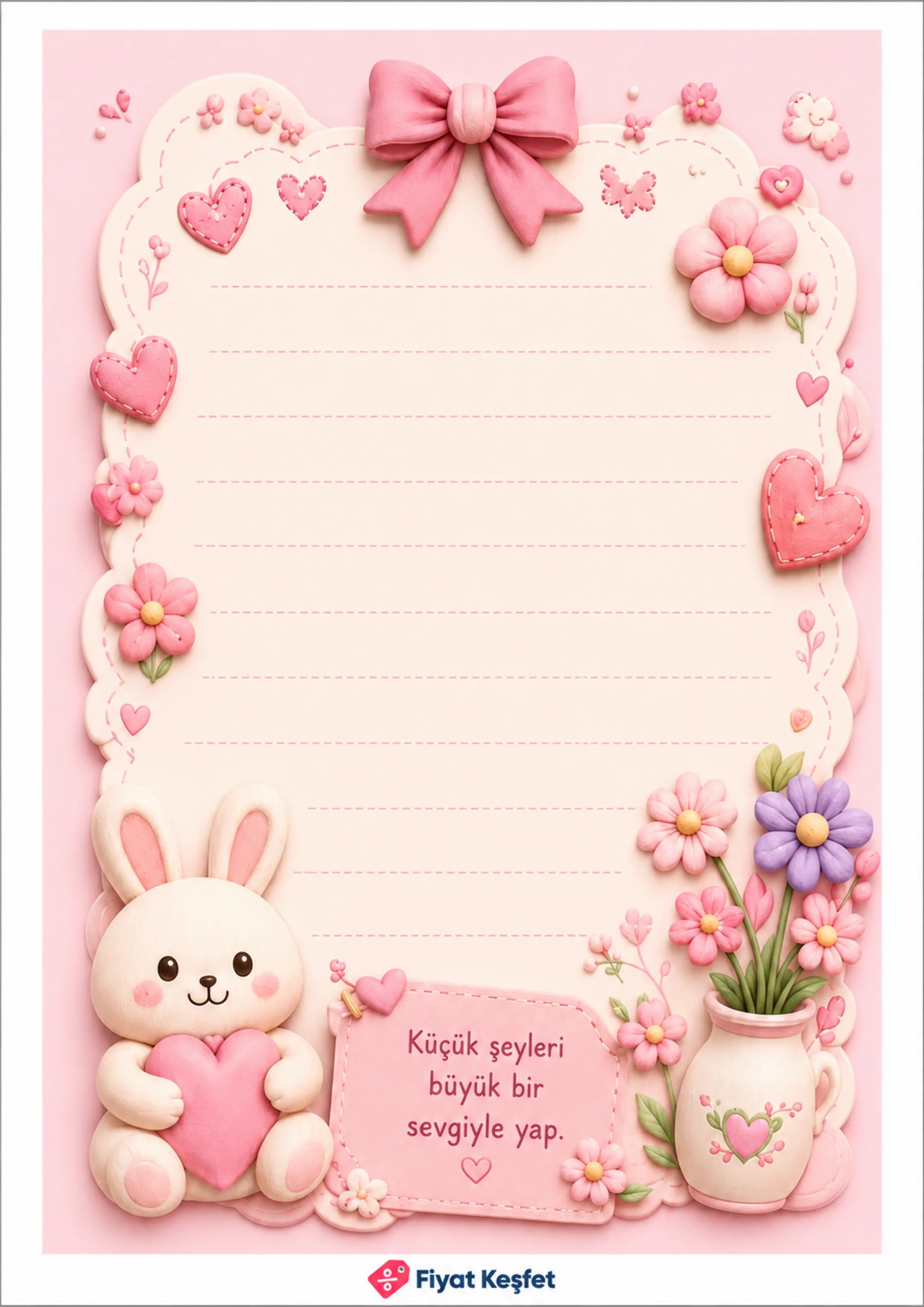 Pembe Tavşanlı Çiçekli Not Kağıdı - Ücretsiz A4 PDF
