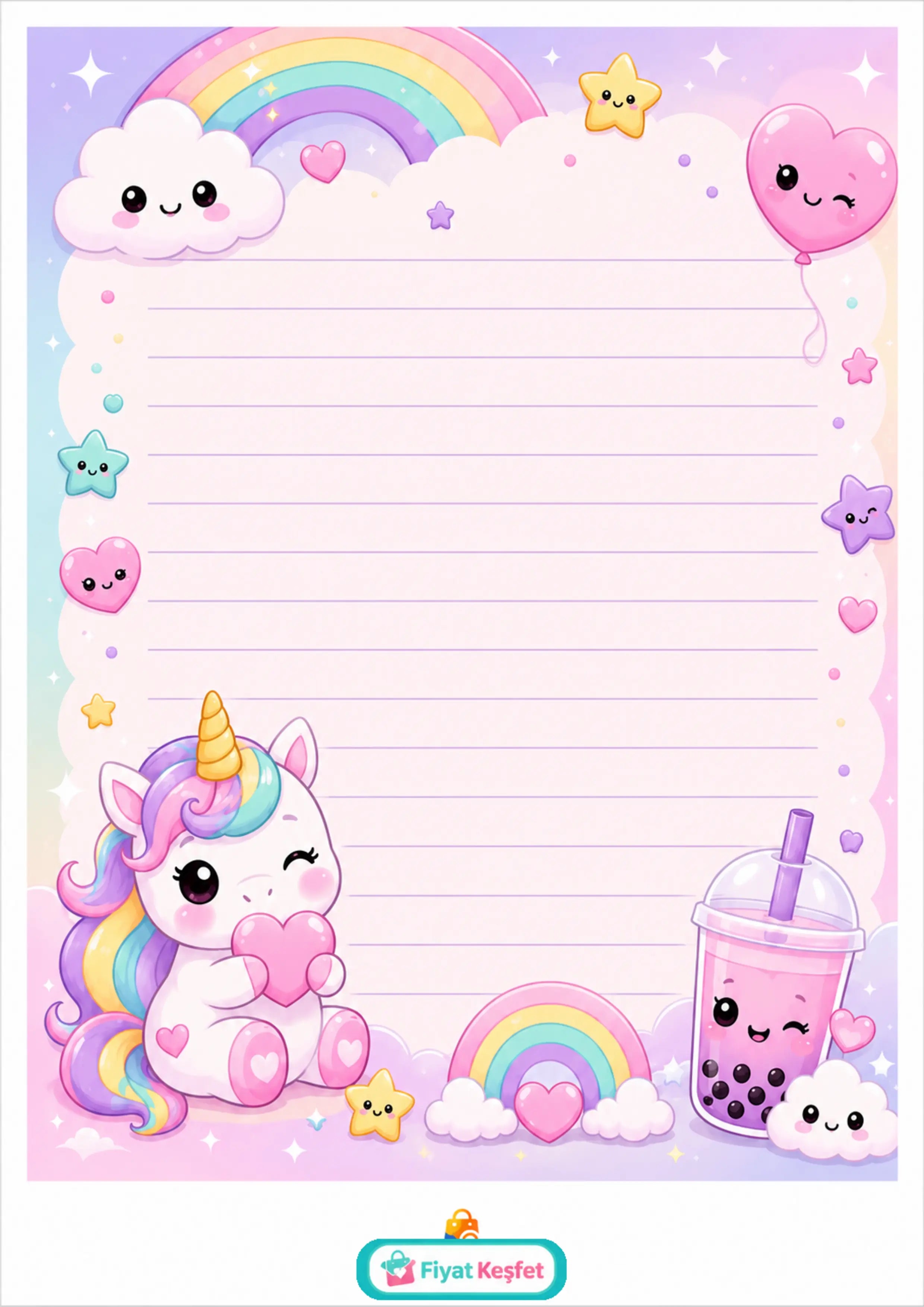 Pastel Unicorn Gökkuşağı Not Kağıdı - Ücretsiz A4 PDF