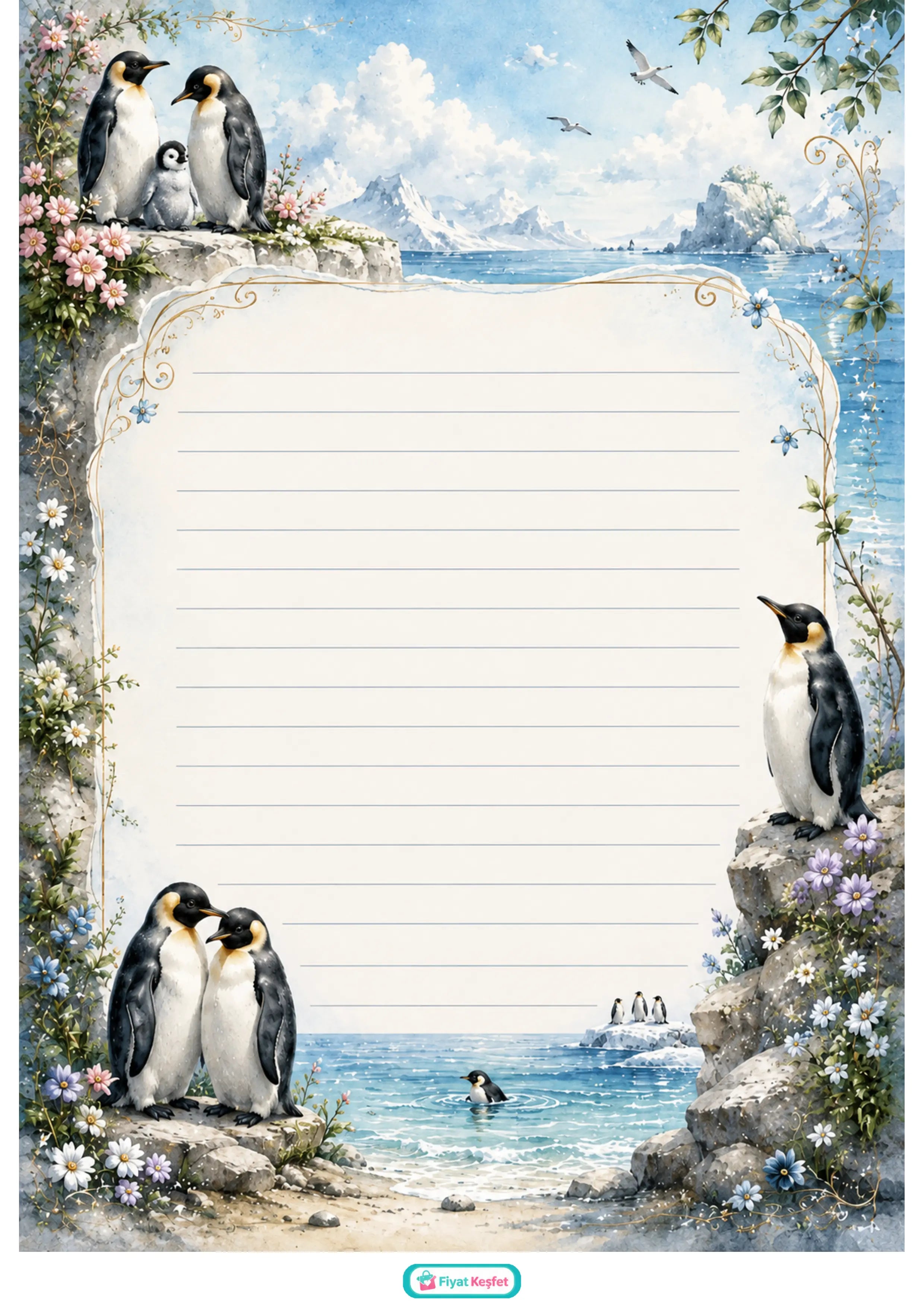 Penguen Ailesi Deniz Kenarı Not Kağıdı - Ücretsiz A4 PDF